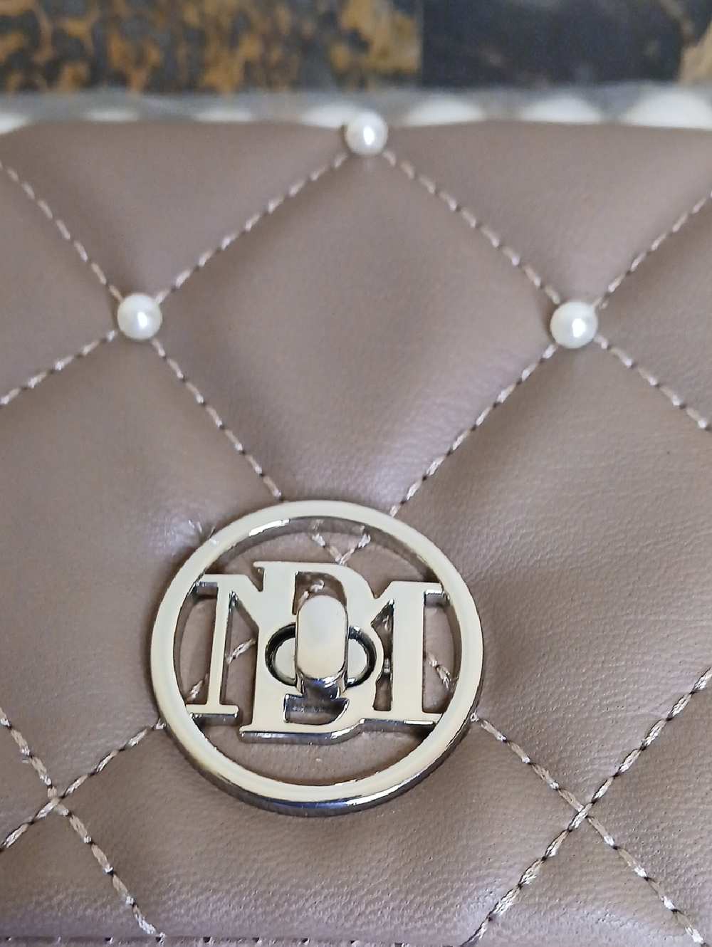 Badgley Mischka Quilted Pearl Accent Women's Shoulder Bag - Taupe - Picture 2 of 5